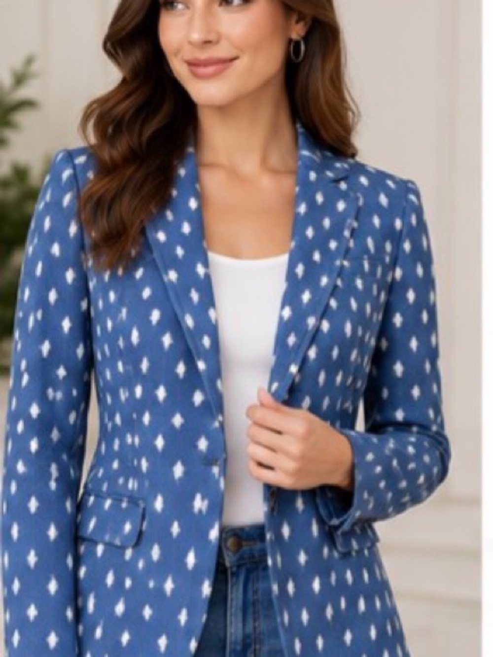 Anne Klein Blue and White Printed Notch Lapel Blazer